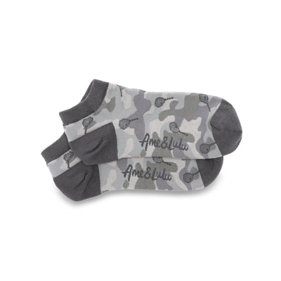 a pair of grey socks with grey camo and tennis racquets printed around the socks