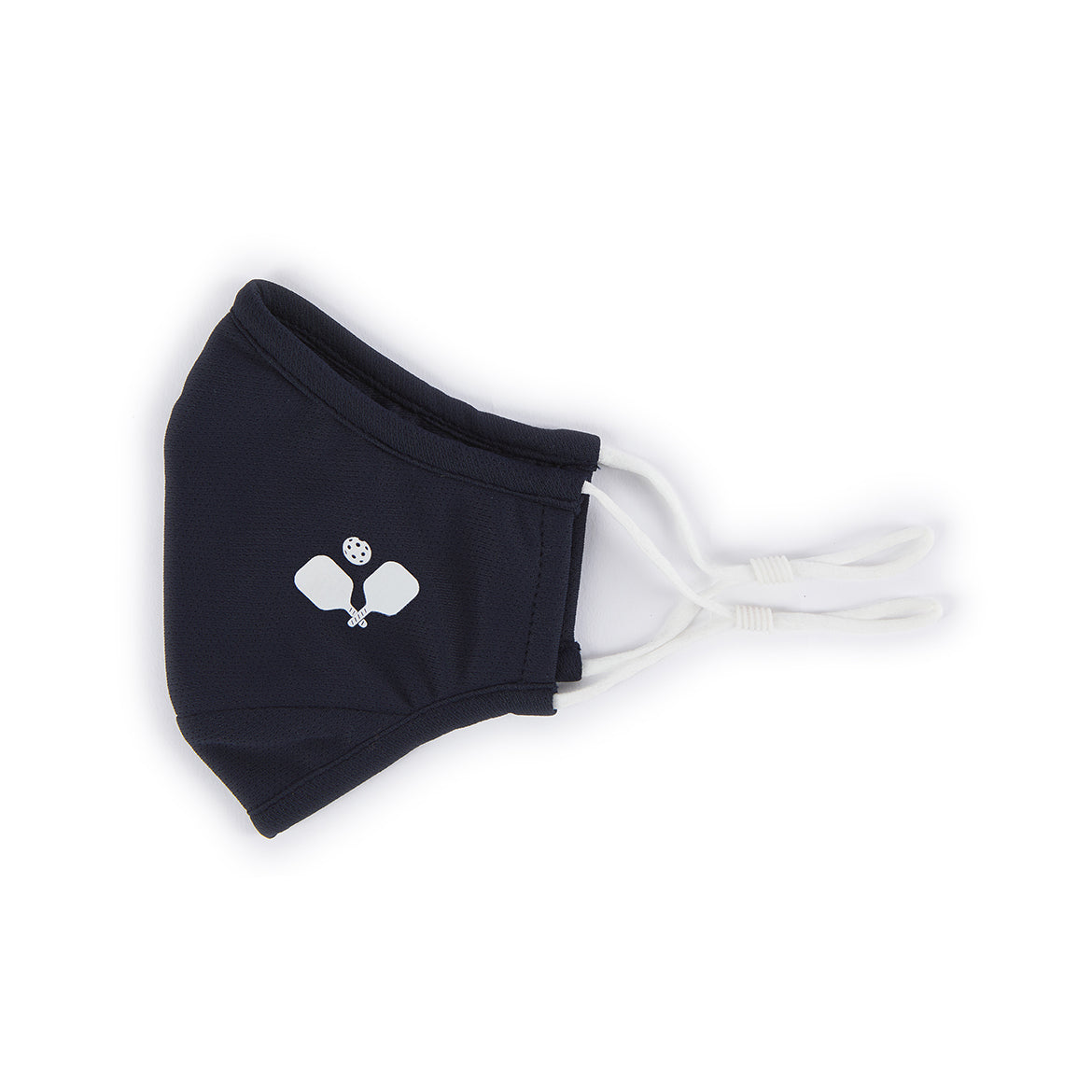 navy face mask with white crossed pickleball paddles printed on the side