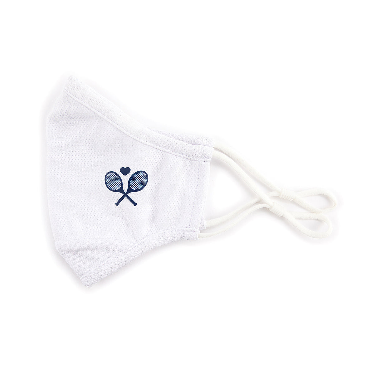white face mask with navy crossed racquets printed on one side