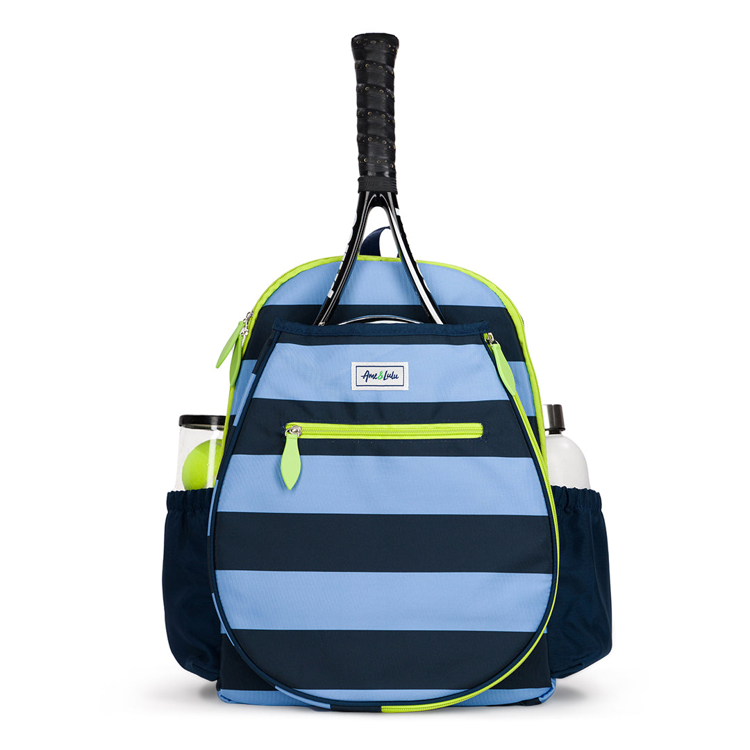 Front view of navy and blue striped kids tennis backpack with green trim and zippers. 