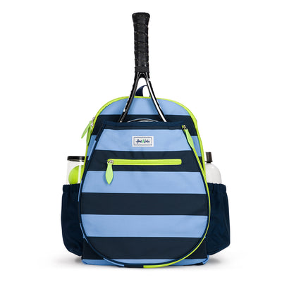 Front view of navy and blue striped kids tennis backpack with green trim and zippers. 
