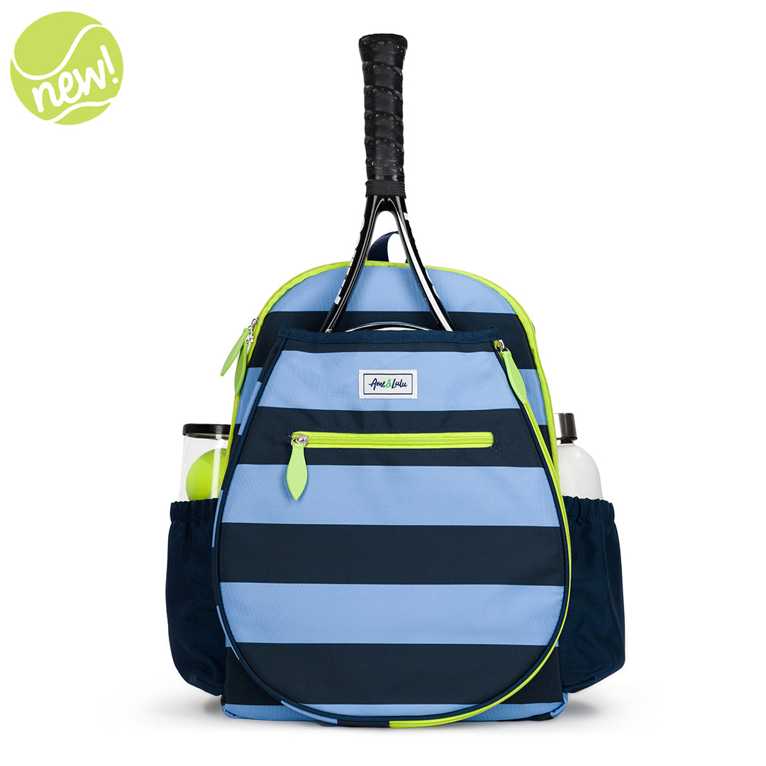 Front view of navy and blue striped kids tennis backpack with green trim and zippers. 