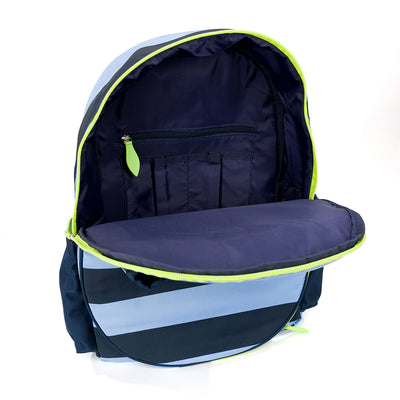 Inside view of navy and blue striped kids tennis backpack with green trim and zippers.