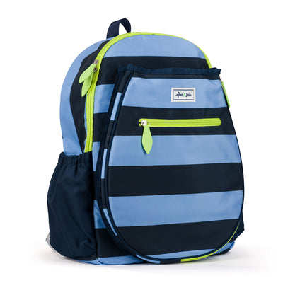 Side view of navy and blue striped kids tennis backpack with green trim and zippers.