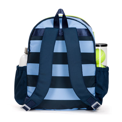 Back view of navy and blue striped kids tennis backpack with green trim and zippers.