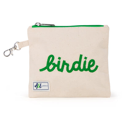 Front view of small natural canvas tee pouch with green trim and zippers. Pouch is embroidered with the word "birdie" in green