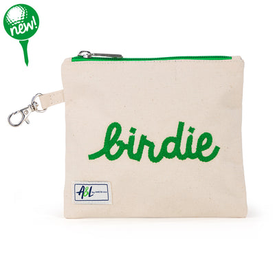 Front view of small natural canvas tee pouch with green trim and zippers. Pouch is embroidered with the word "birdie" in green