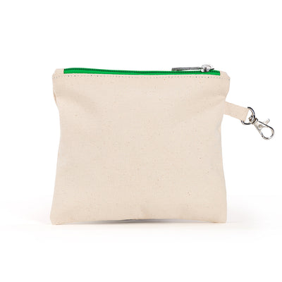 back view of small natural canvas tee pouch with green trim and zippers. Pouch is embroidered with the word "birdie" in green