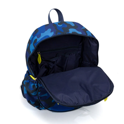 navy camo kids tennis backpack with lime green zippers.