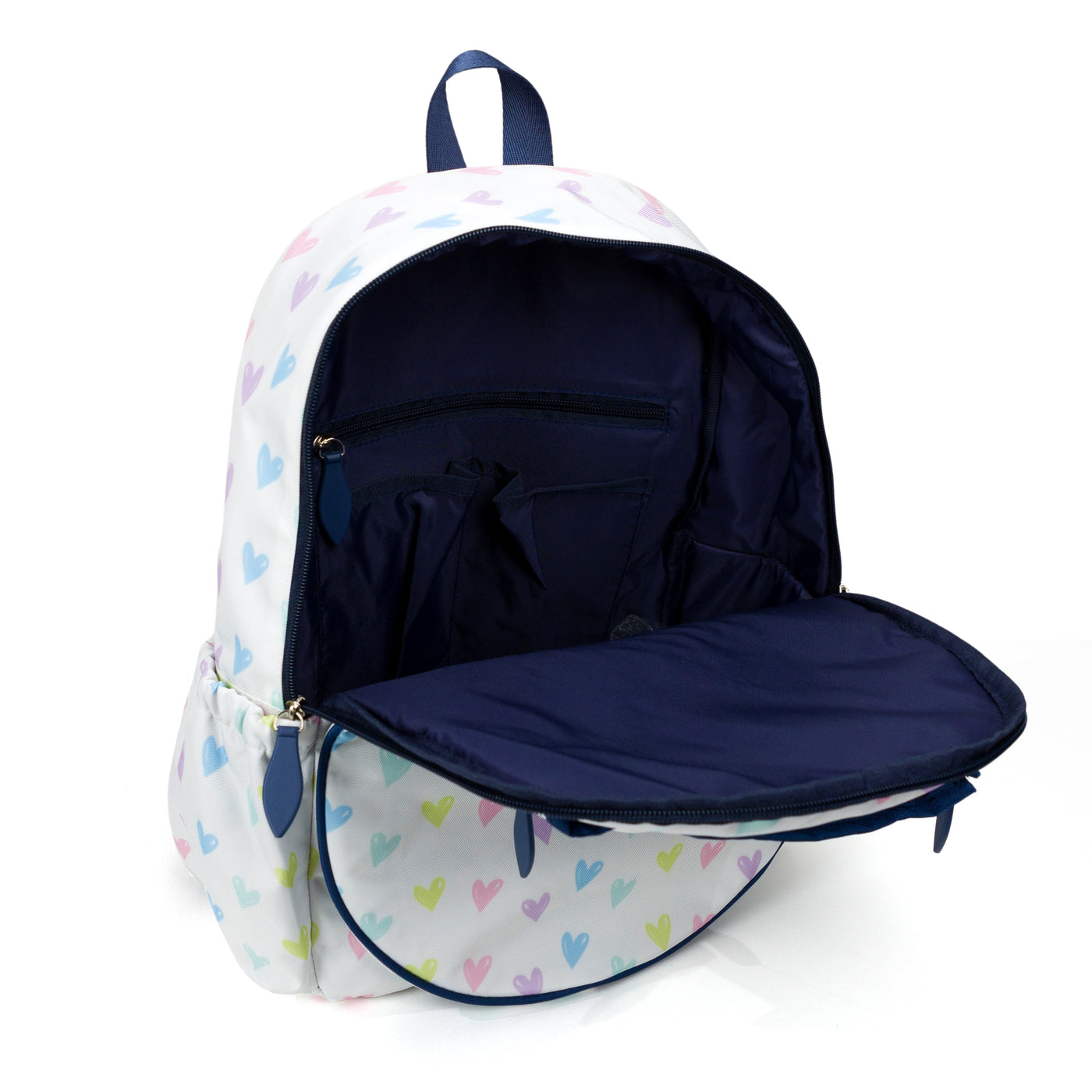 white kids tennis backpack with repeating pattern of rainbow hand drawn hearts.