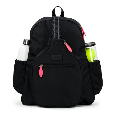 black pickleball backpack with coral zip pulls
