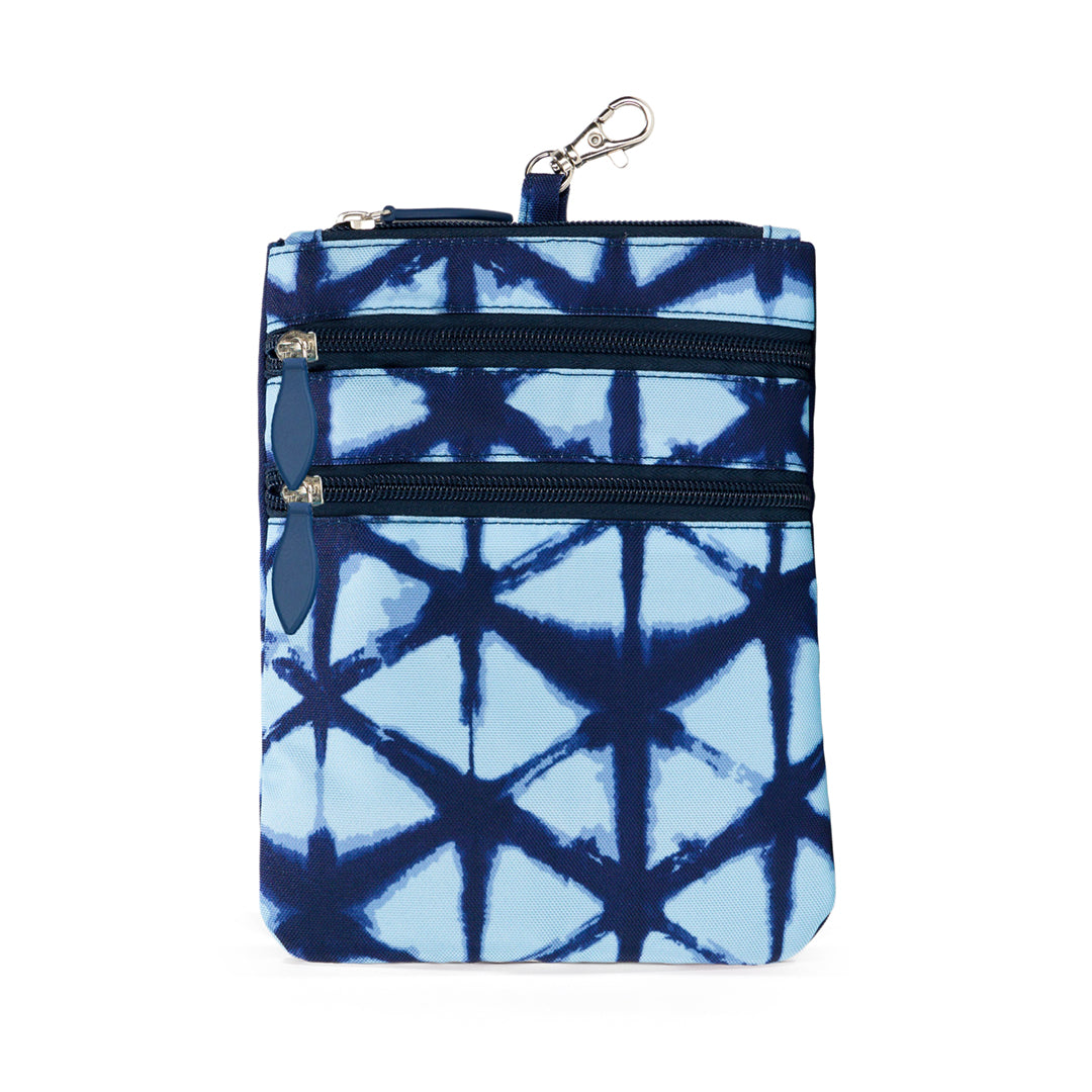 front view of navy and blue tie dye pattern small pouch.