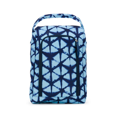 front view of navy and blue tie dye pattern shoe bag