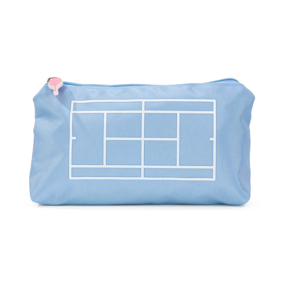 Front view of light blue everyday pouch. Front has white tennis court printed on and pink tennis racquet shaped zipper.