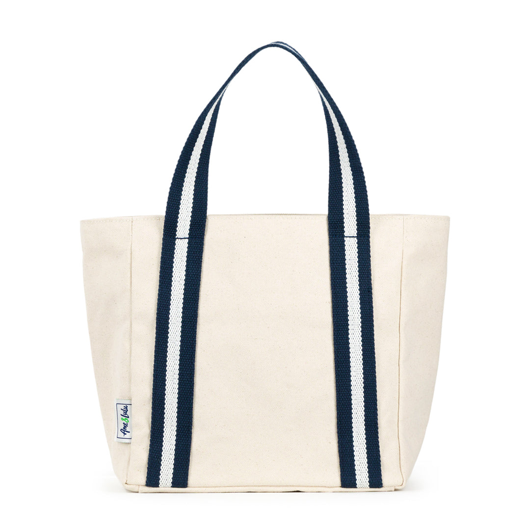 mini natural canvas tote with navy and white cotton webbing straps