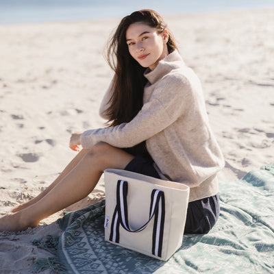 mini natural canvas tote with navy and white cotton webbing straps
