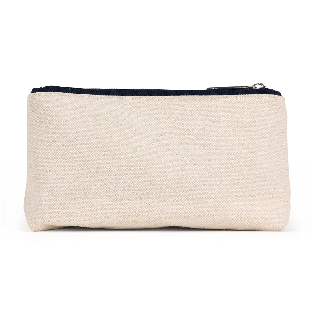 Back view of small natural canvas makeup pouch. Navy crossed paddles are embroidered on the front and navy trim on the zipper.