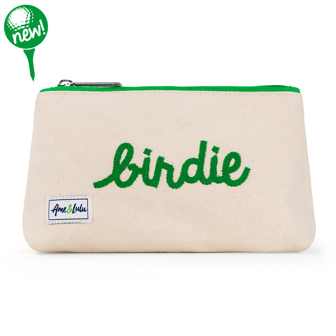 Front view of small natural canvas makeup pouch with green trim and zipper. Front is embroidered with the word "birdie" in green cursive font.