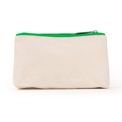 back view of small natural canvas makeup pouch with green trim and zipper. Front is embroidered with the word "birdie" in green cursive font.