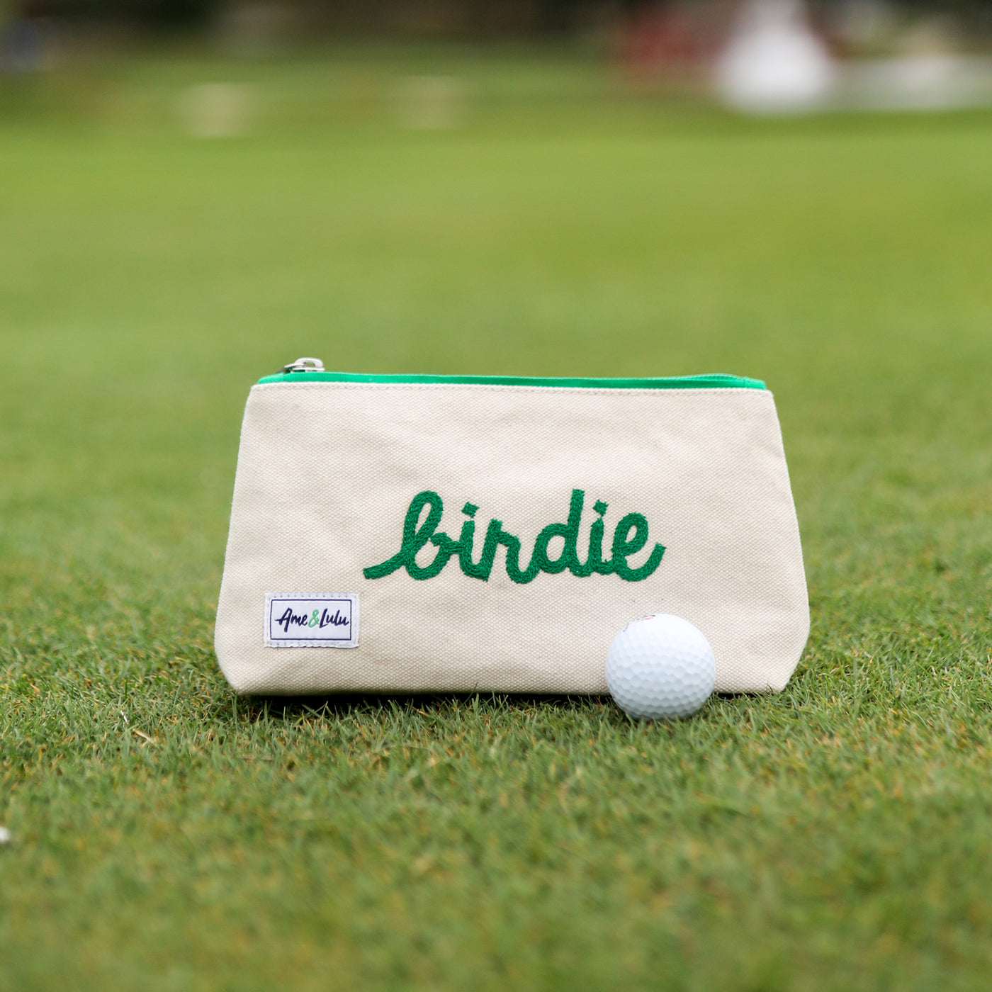 Front view of small natural canvas makeup pouch with green trim and zipper. Front is embroidered with the word "birdie" in green cursive font.