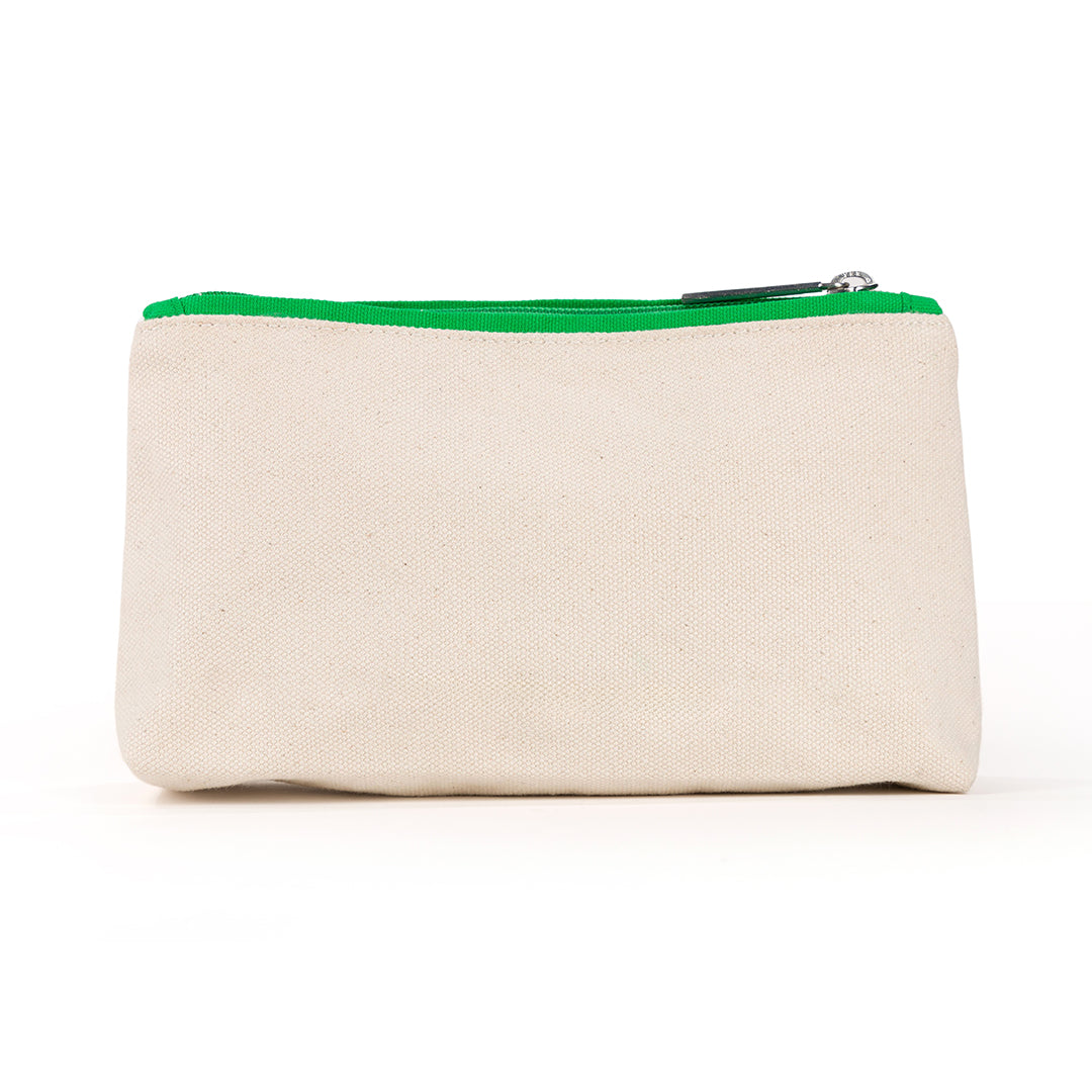 Back view of small natural canvas makeup pouch with green trim and green embroidery reading "Après Pickleball"