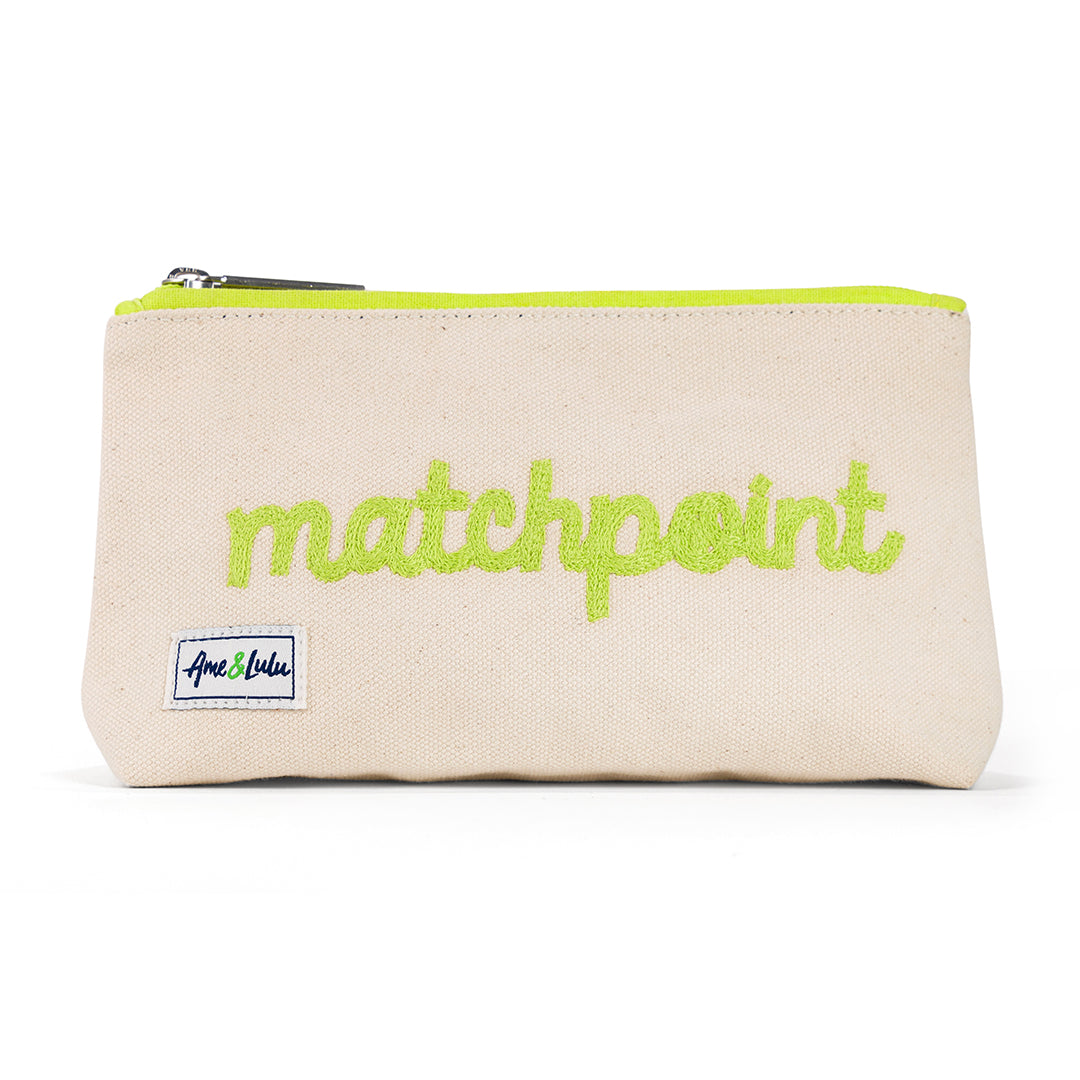 Small natural canvas pouch with lime green zipper and embroidered word "matchpoint" in lime green on front.