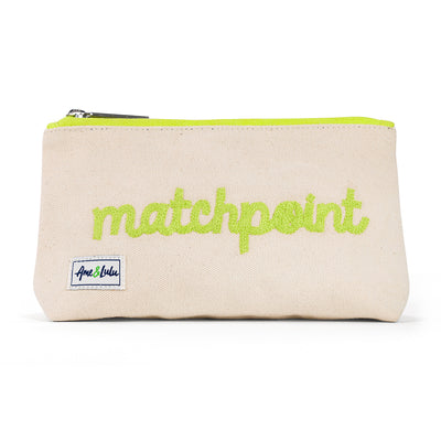 Small natural canvas pouch with lime green zipper and embroidered word "matchpoint" in lime green on front.