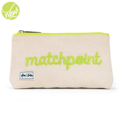 Small natural canvas pouch with lime green zipper and embroidered word "matchpoint" in lime green on front.