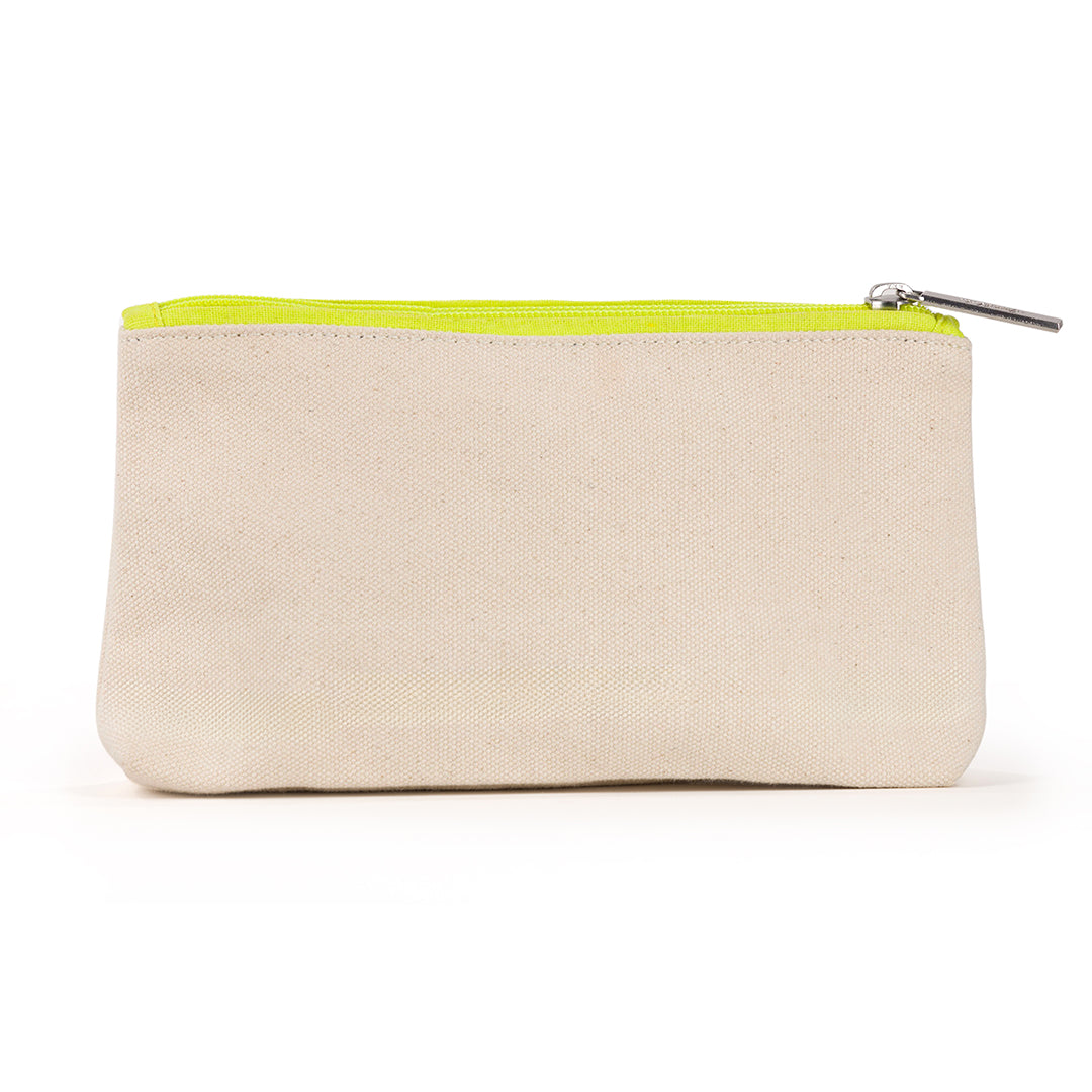 back view of Small natural canvas pouch with lime green zipper and embroidered word "matchpoint" in lime green on fron