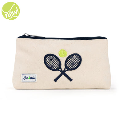small natural canvas pouch with navy zipper and navy crossed racquets embroidered on front