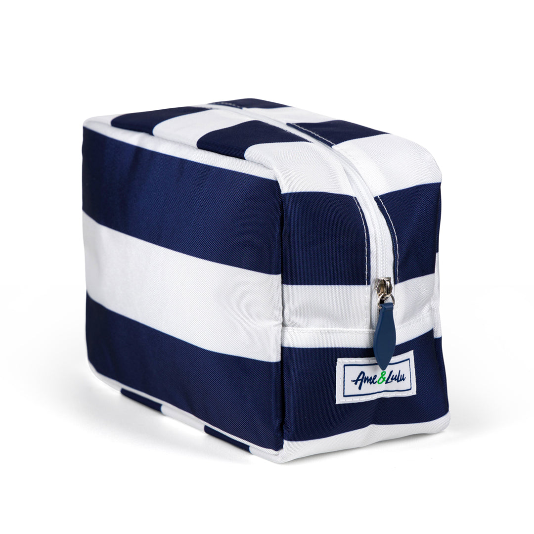 navy and white nylon striped pouch