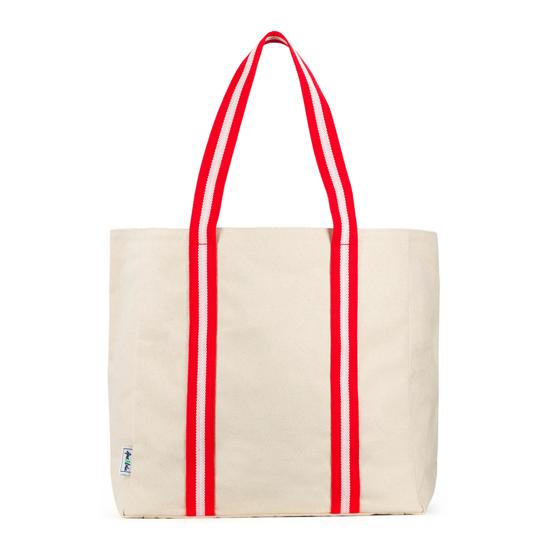 natural canvas tote with red and white cotton webbing straps
