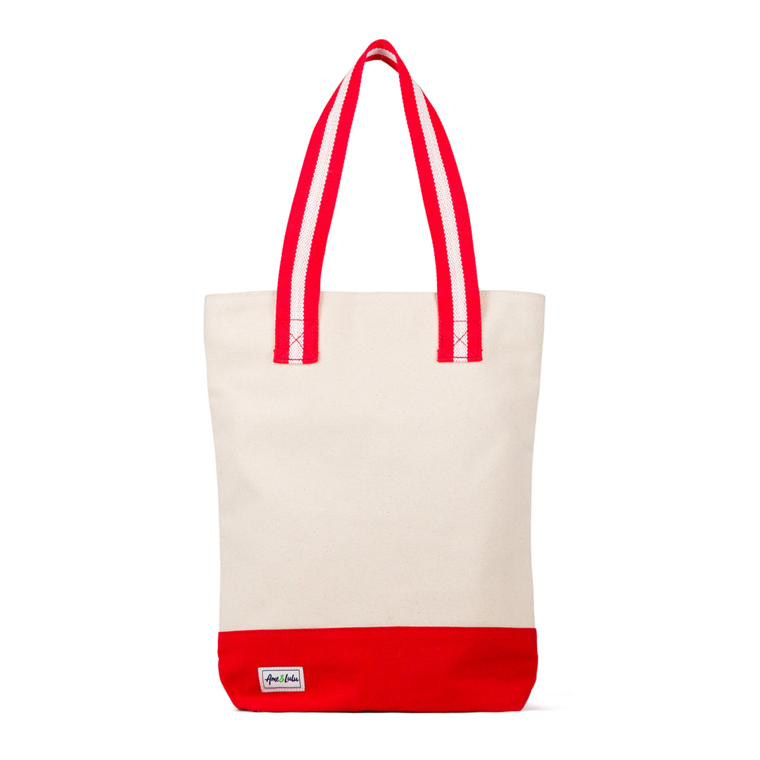 natural canvas wine tote with hot pink and white cotton webbing straps and red canvas at the bottom