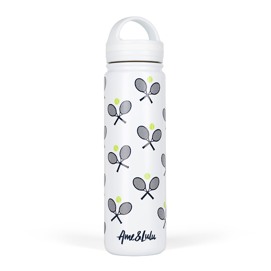 White water bottle with navy crossed racquets and lime tennis balls printed on it