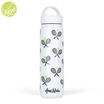 White water bottle with navy crossed racquets and lime tennis balls printed on it