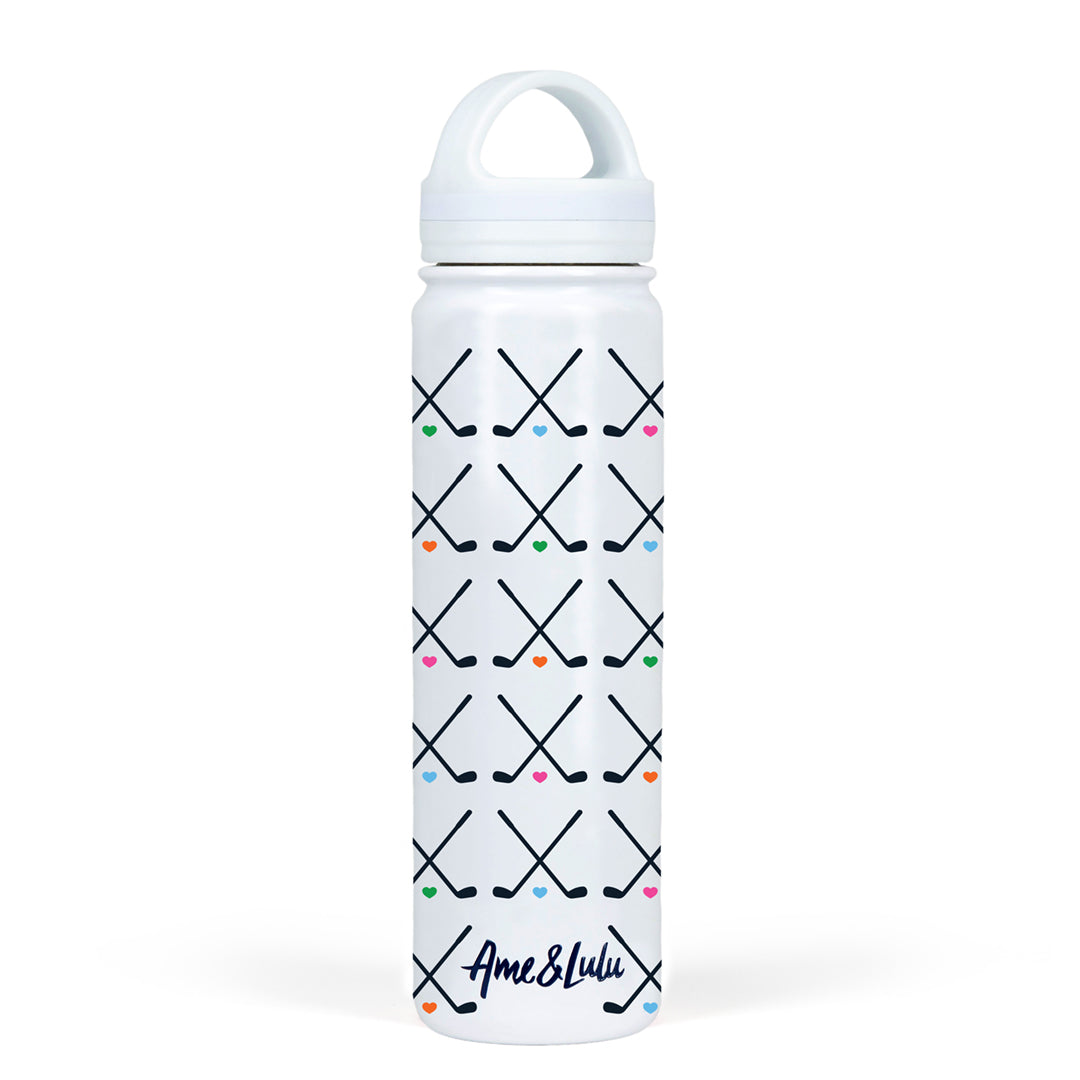 white water bottle with crossed golf club pattern in navy on bottle.