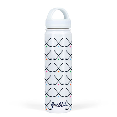white water bottle with crossed golf club pattern in navy on bottle.