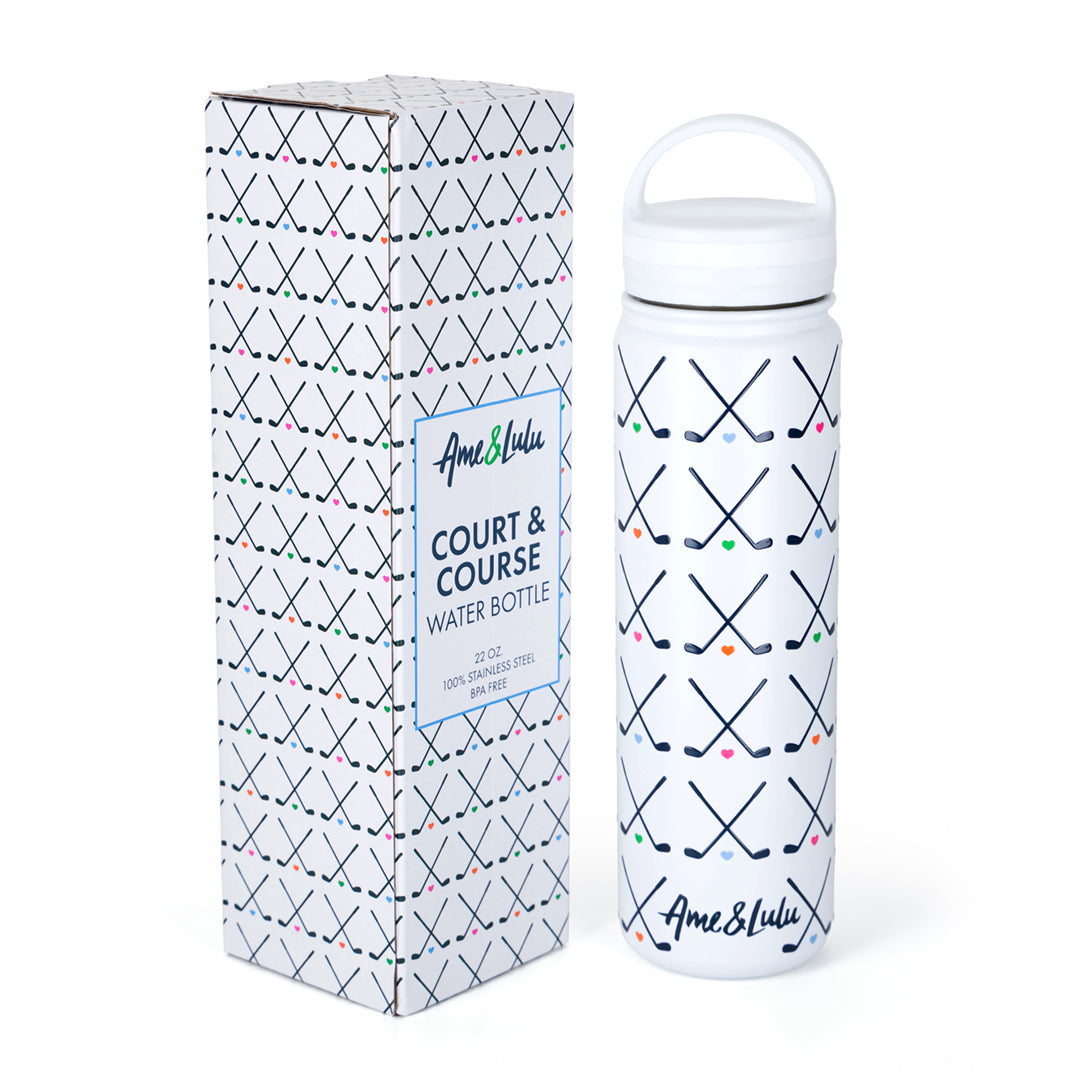 white water bottle with crossed golf club pattern in navy on bottle with matching box 