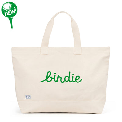 Canvas large tote with word Birdie embroidered on the front in green cursive font