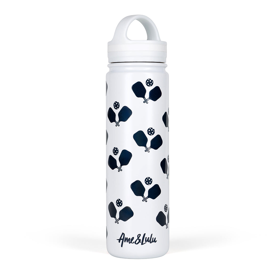 White water bottle with navy crossed paddles printed around the bottle.
