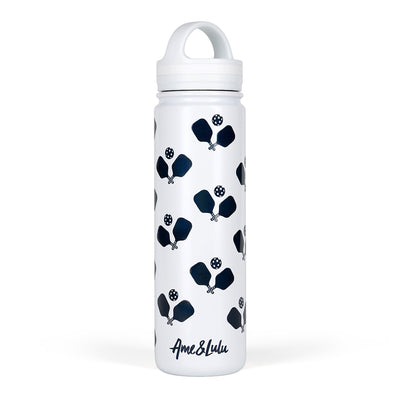 White water bottle with navy crossed paddles printed around the bottle.