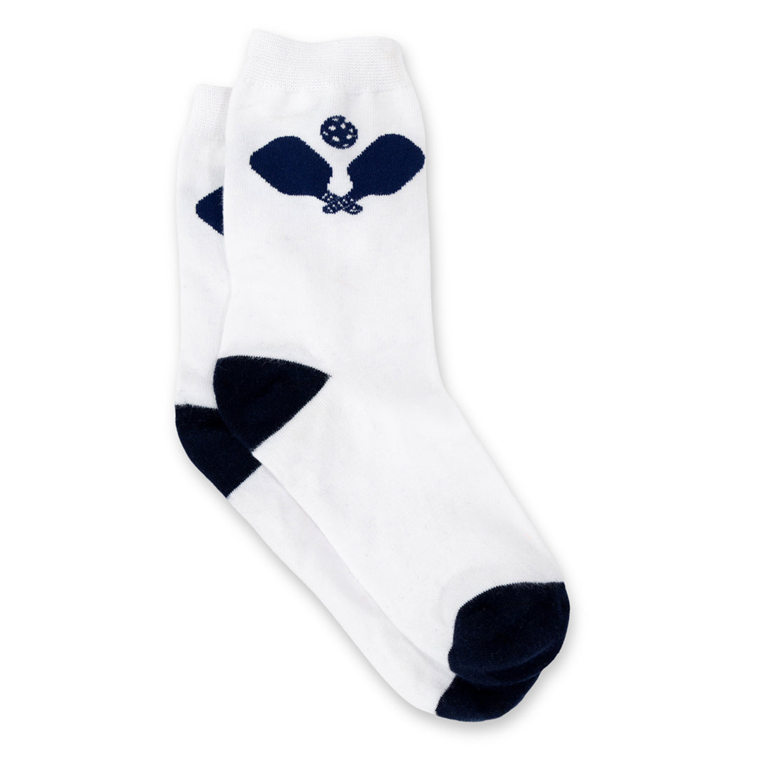white crew socks with navy toe and heel and crossed pickleball paddle design on the ankle of the sock