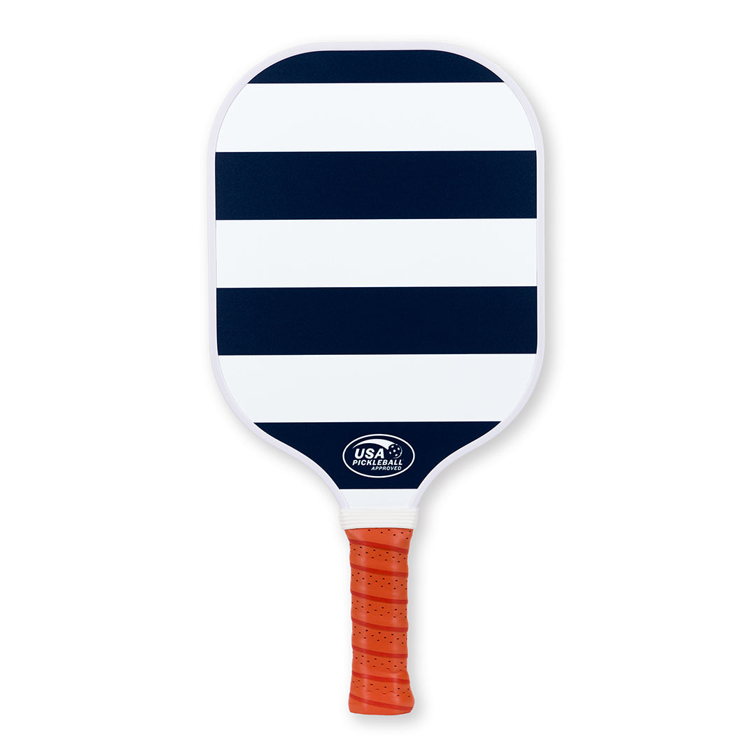 Navy and white striped pickleball paddle with tan faux leather handle.