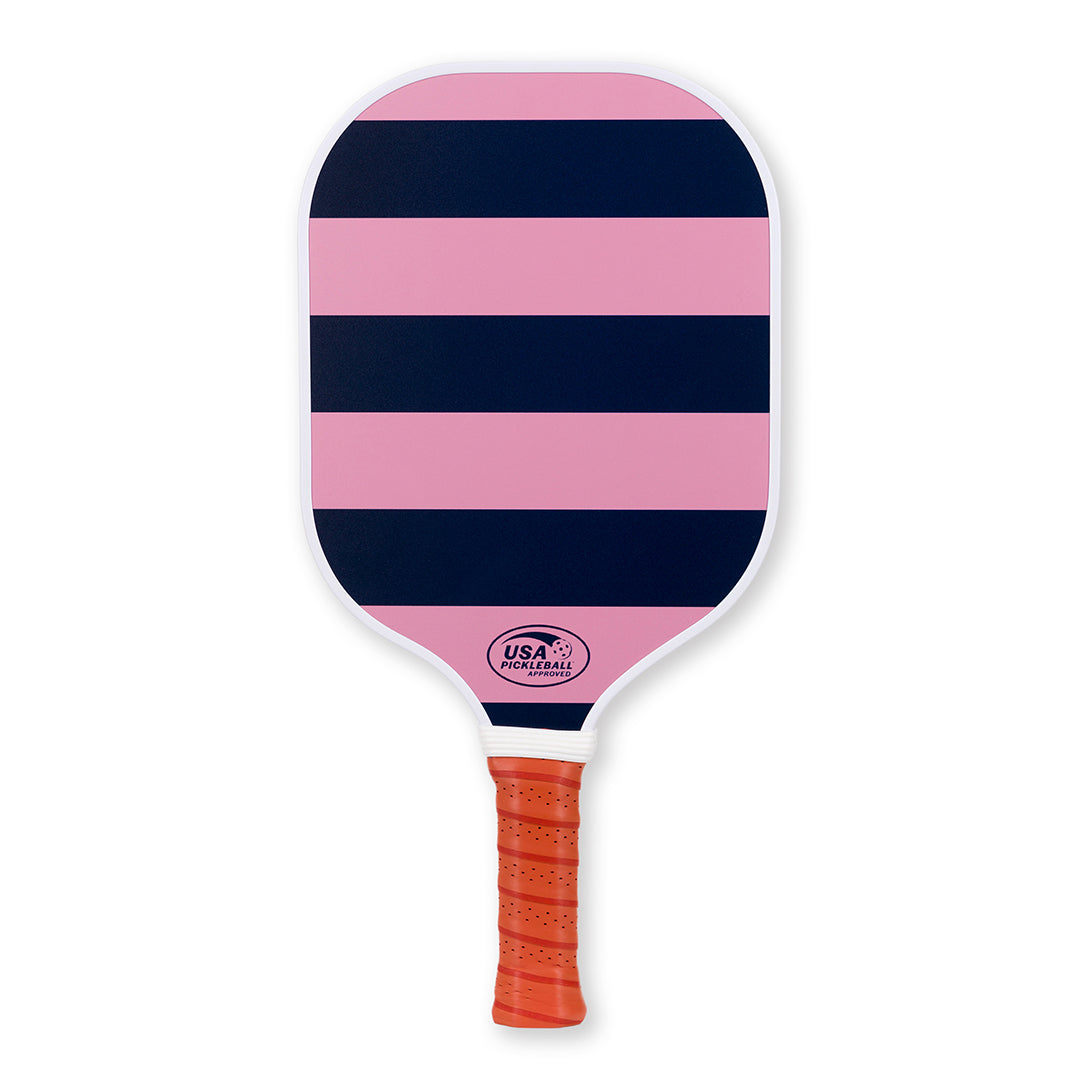 Navy and pink striped pickleball paddle with tan faux leather handle.