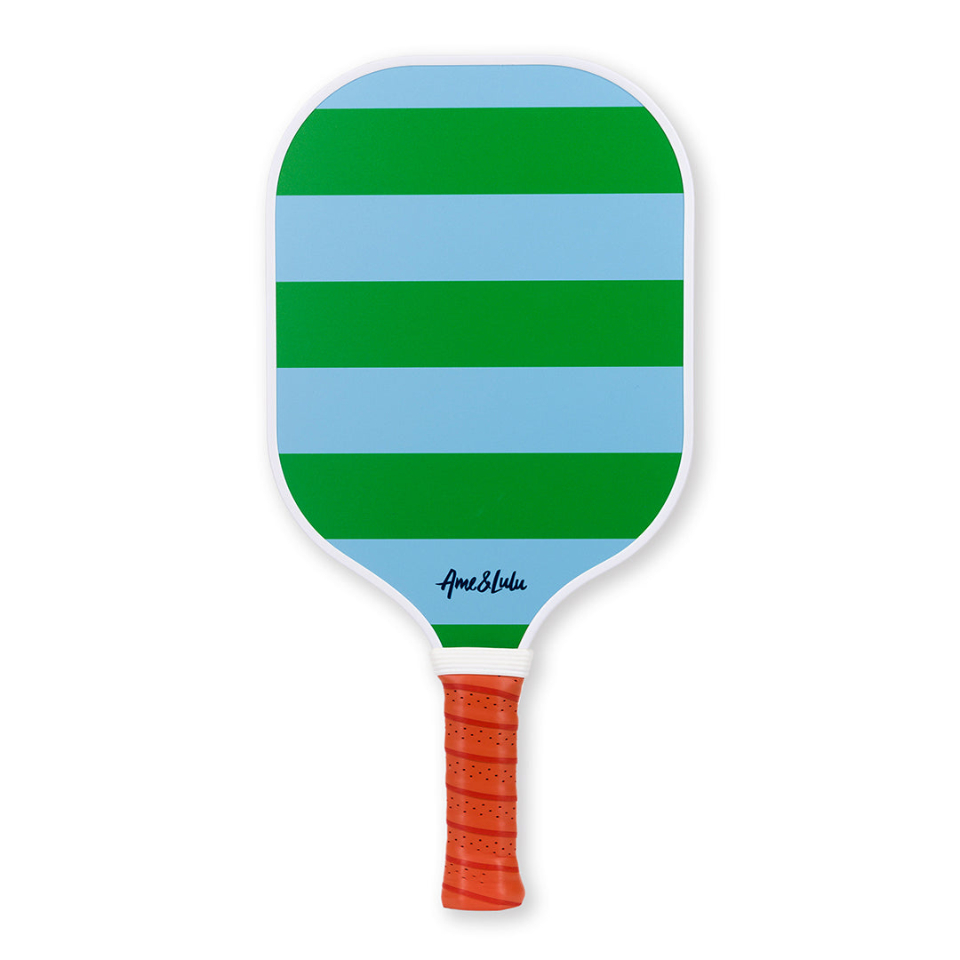 Blue and green striped pickleball paddle with tan faux leather handle