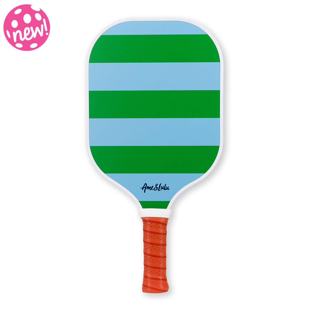 Blue and green striped pickleball paddle with tan faux leather handle