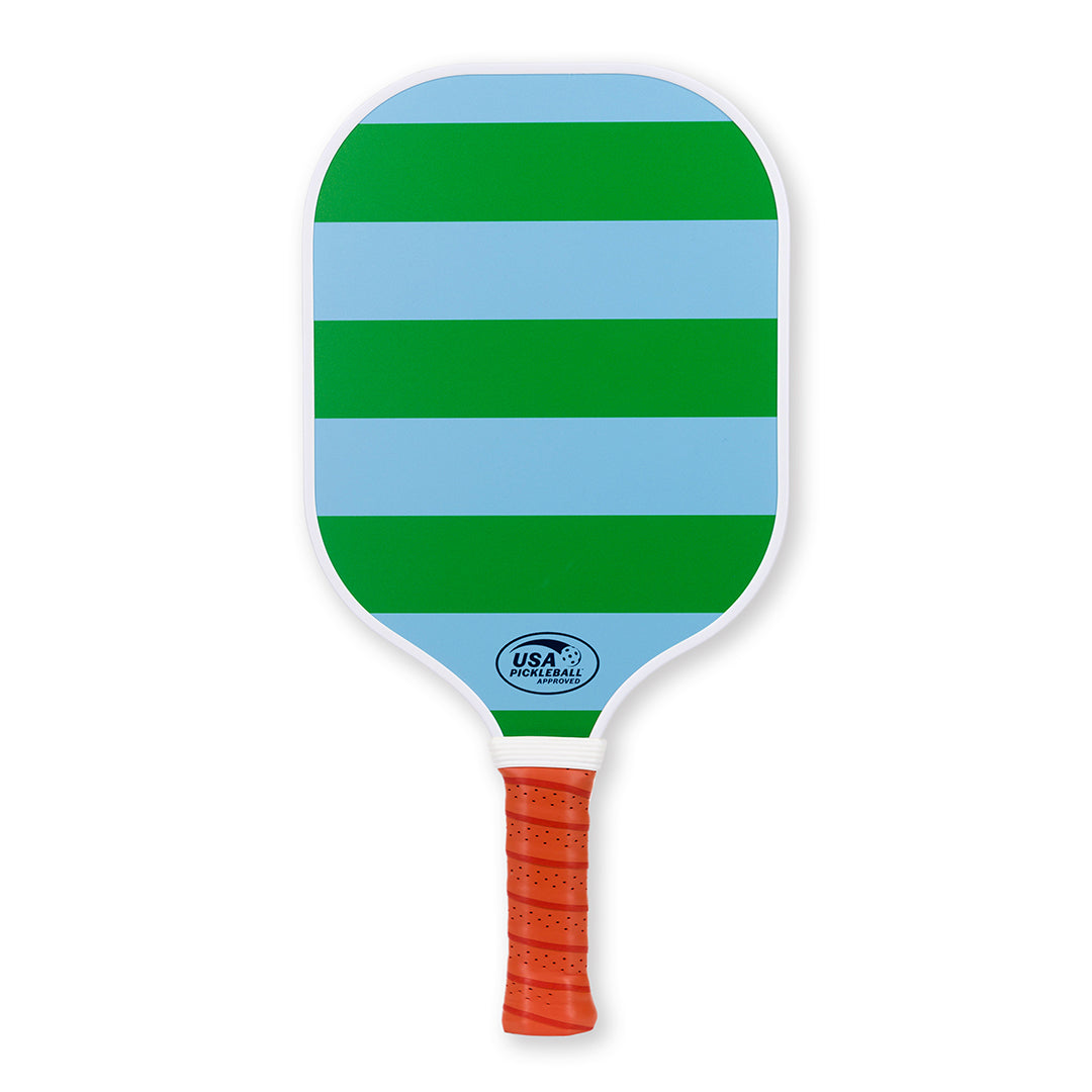 Blue and green striped pickleball paddle with tan faux leather handle
