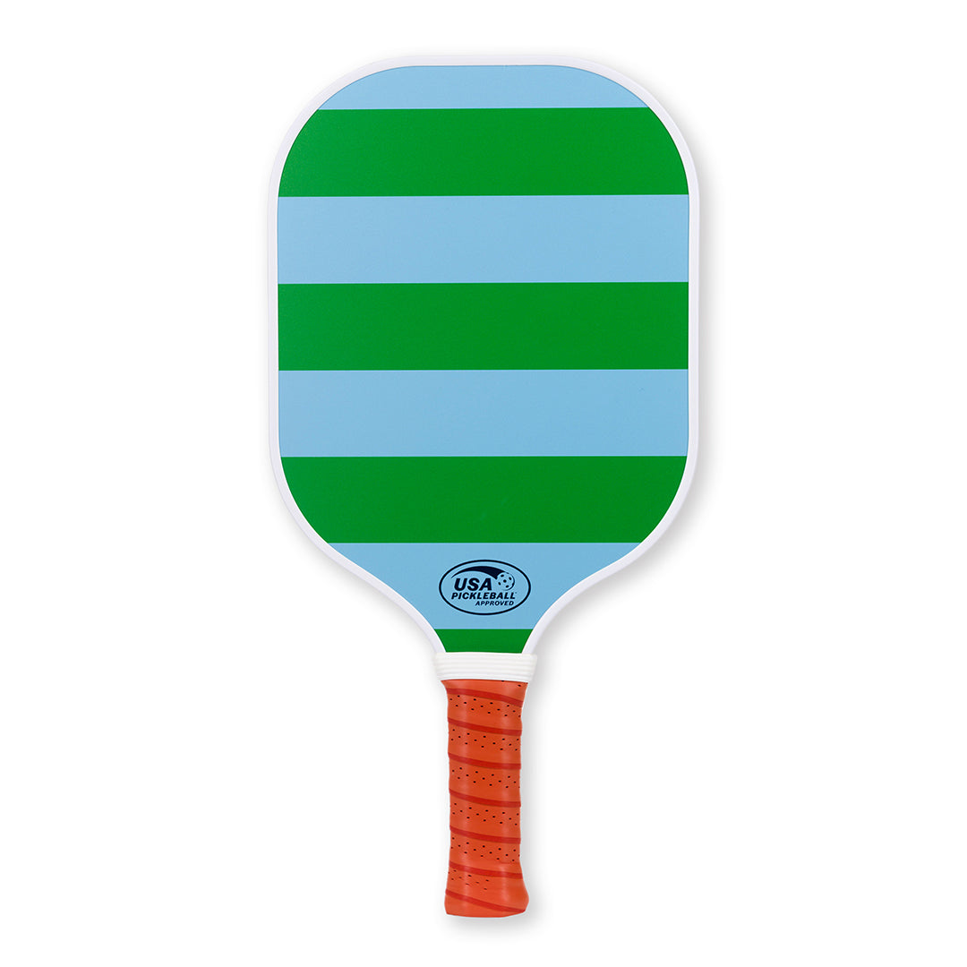 Blue and green striped pickleball paddle with tan faux leather handle