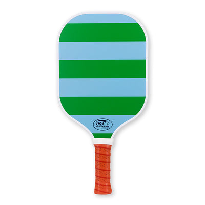 Blue and green striped pickleball paddle with tan faux leather handle