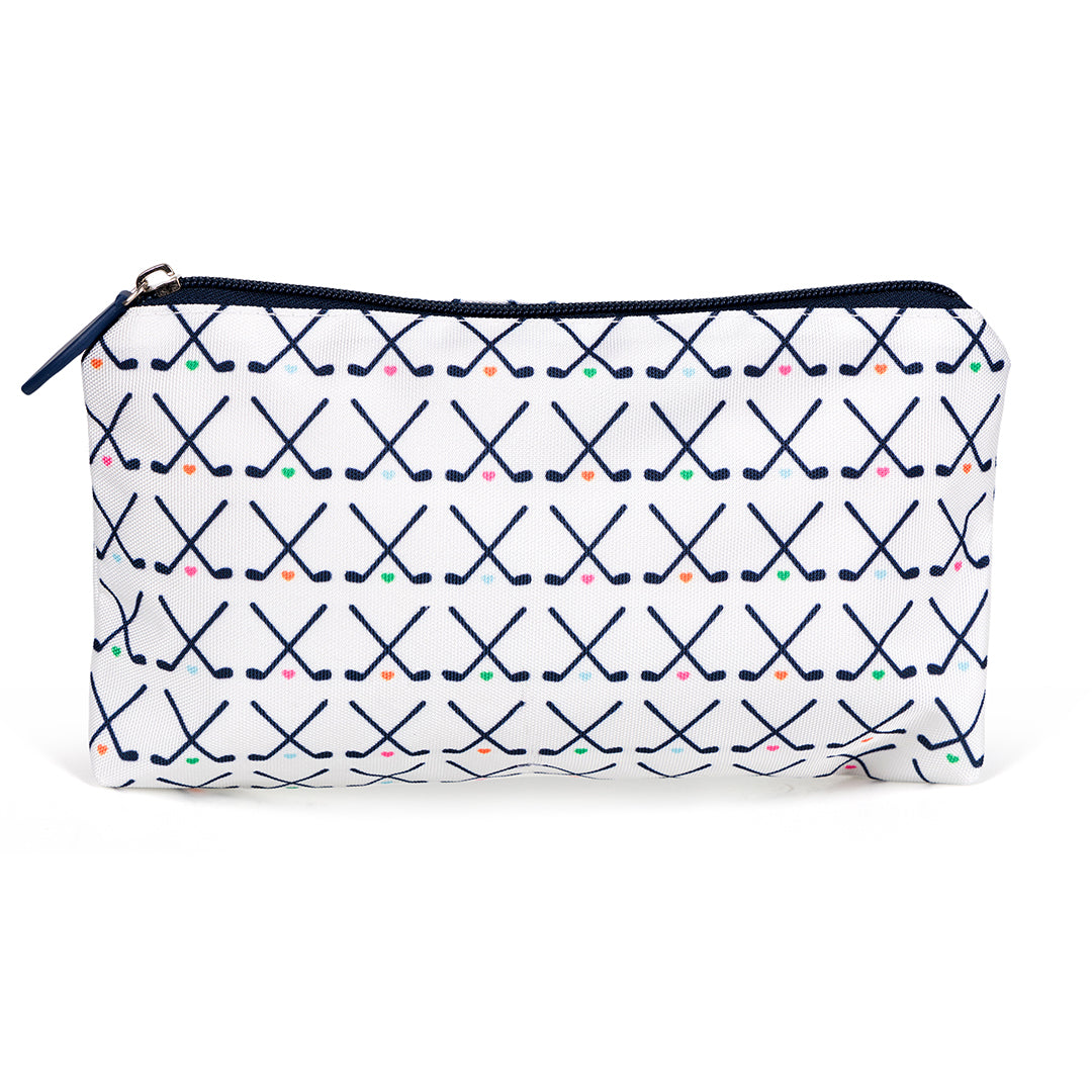 Front view of white small nylon makeup pouch with navy crossed golf club pattern printed on bag